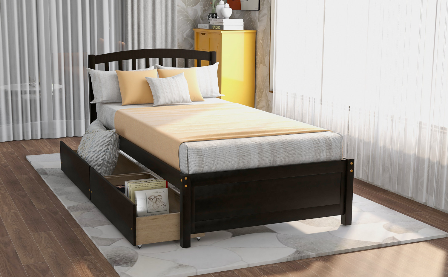 Start2Finish twin platform storage bed with wood frame, two built-in drawers, and matching headboard, ideal for space-saving bedroom decor.
