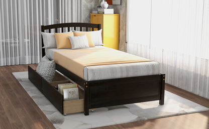 Start2Finish twin platform storage bed with wood frame, two built-in drawers, and matching headboard, ideal for space-saving bedroom decor.