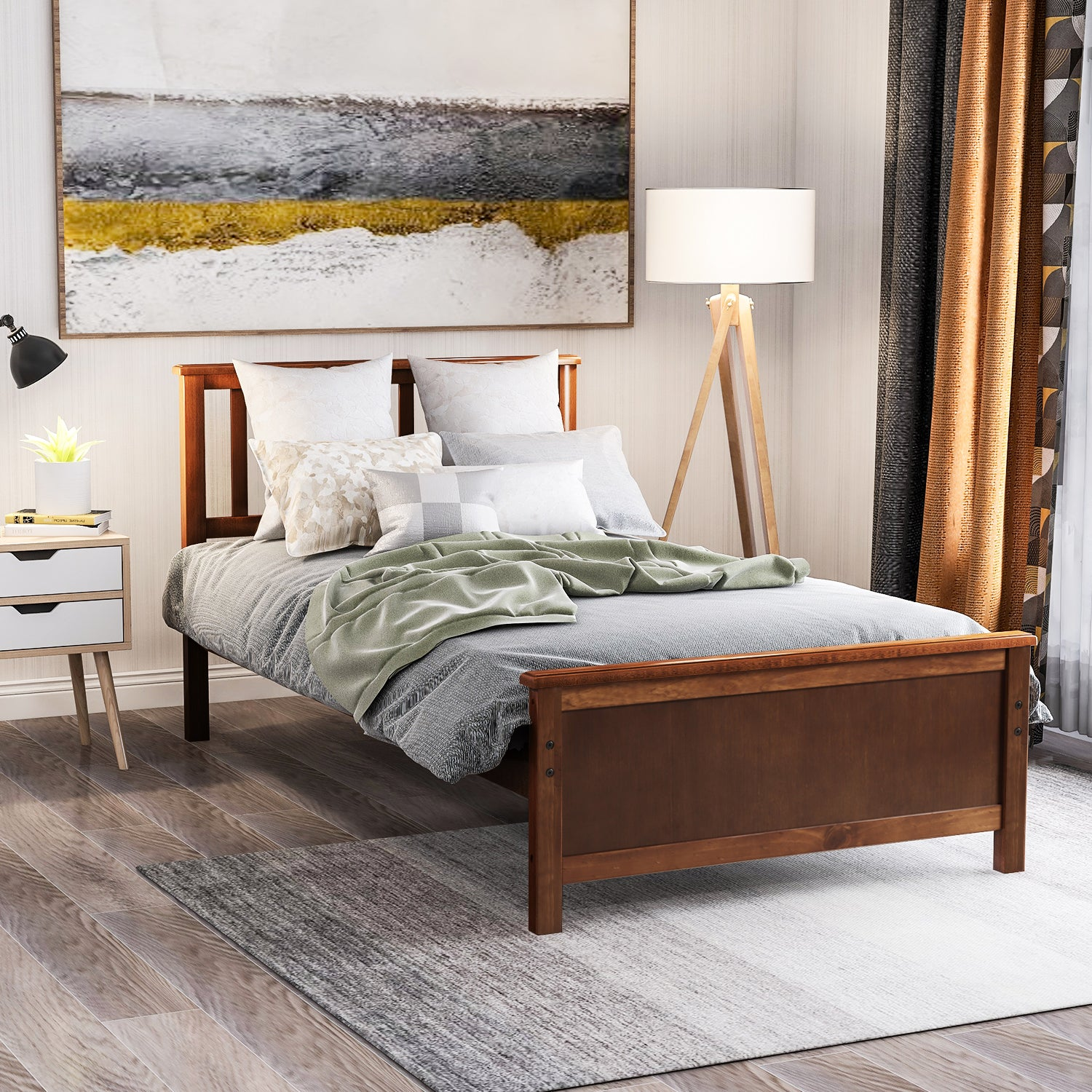 Start2Finish wood platform bed frame with headboard, footboard, and wooden slat support, showcasing the sturdy bedroom furniture.