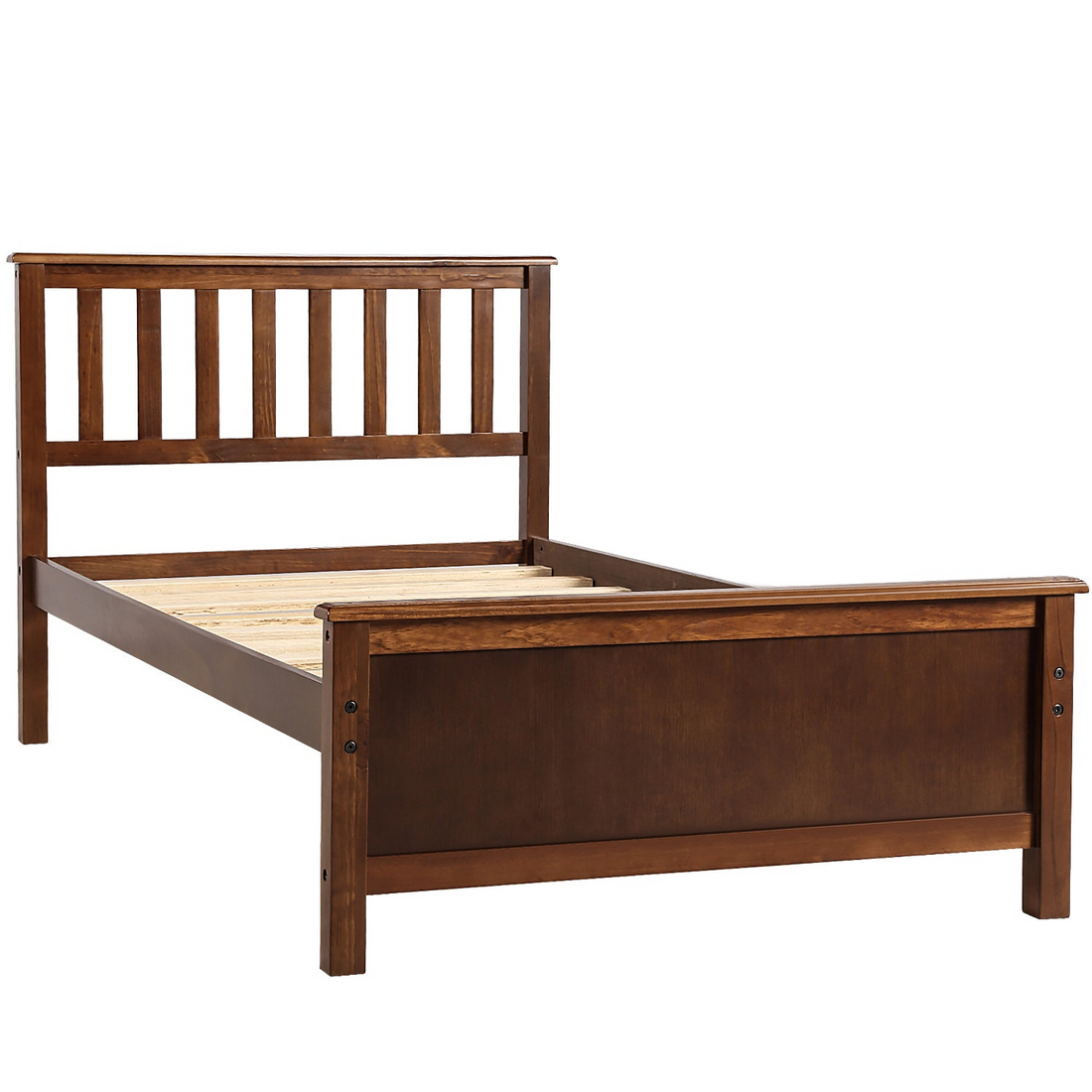 Start2Finish wood platform bed frame with headboard, footboard, and wood slat support, showcasing a sturdy, natural wood finish.