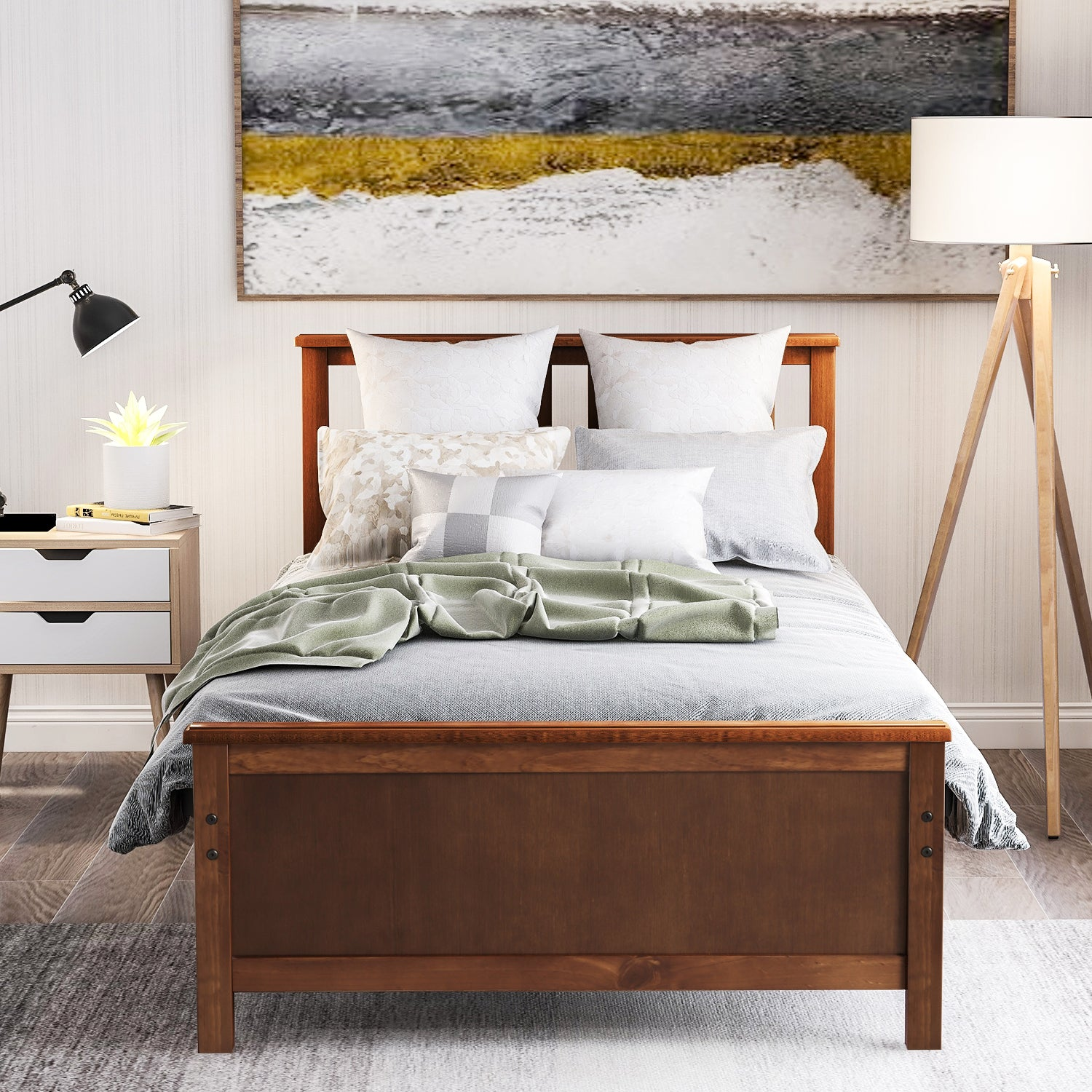 Wood platform bed frame with headboard, footboard, and wood slat support, featuring a natural finish and sturdy construction.