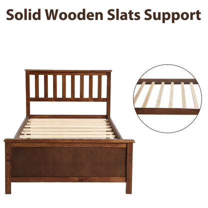 Start2Finish wood platform bed frame with headboard, footboard, and wood slat support, showcasing its sturdy construction and natural wood finish.