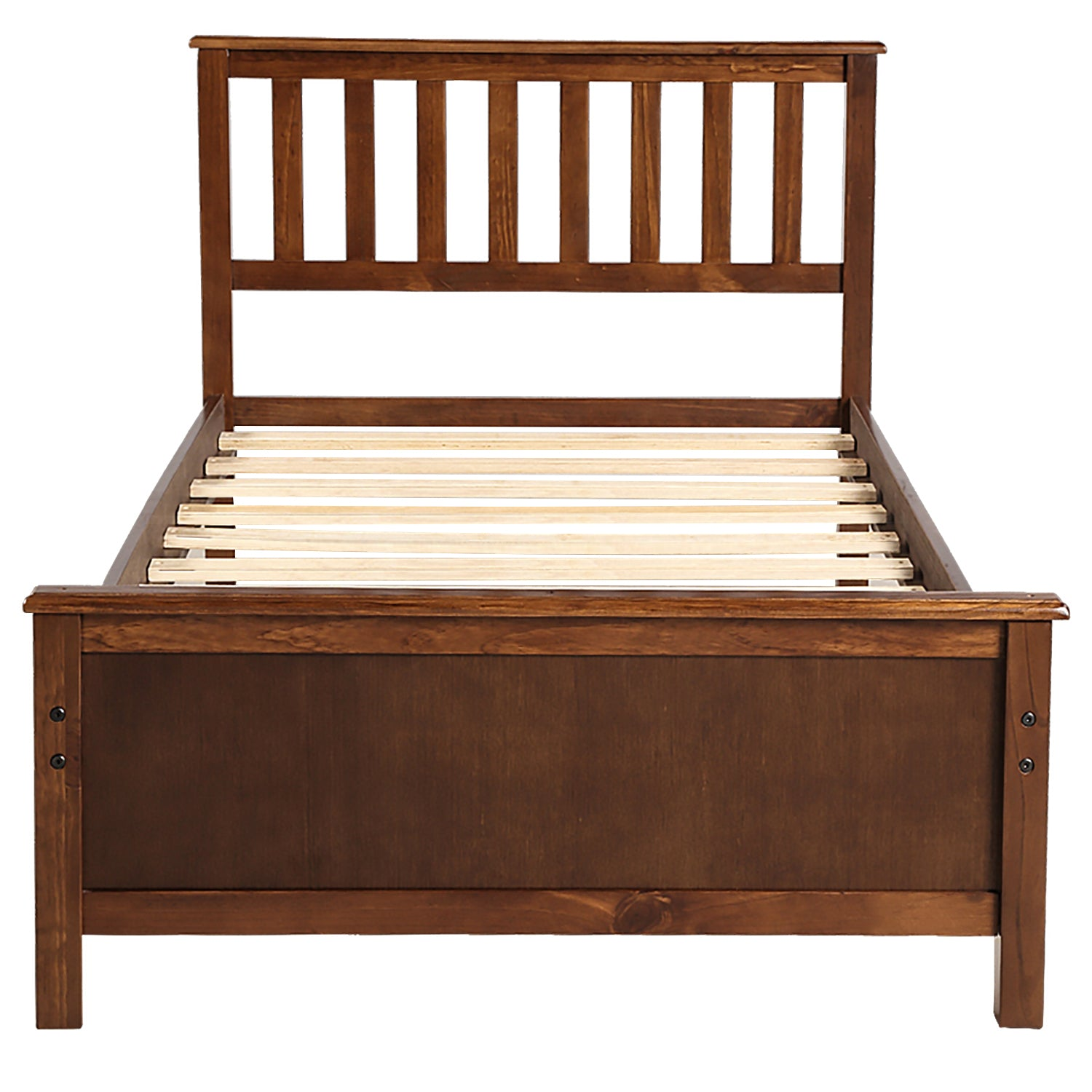 Start2Finish wood platform bed frame with headboard, footboard, and wood slat support, showcasing a sturdy furniture design.