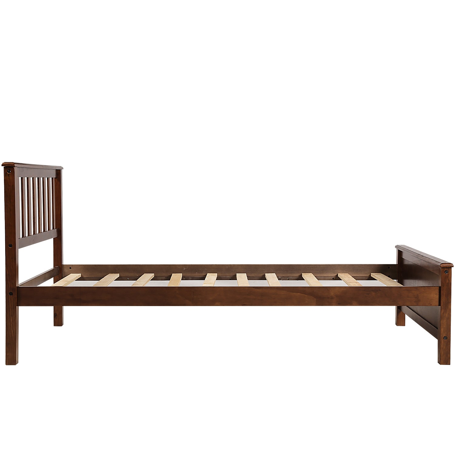 Wood platform bed frame with headboard, footboard, and wooden slat support from Start2Finish, showcasing a sturdy furniture design.