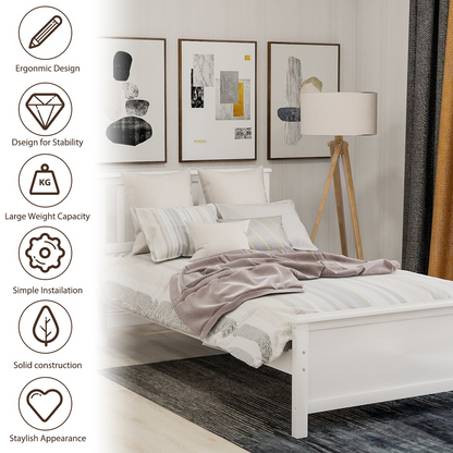 Start2Finish wood platform bed frame with headboard, footboard, and wood slat support, showcasing a sturdy wooden furniture piece.