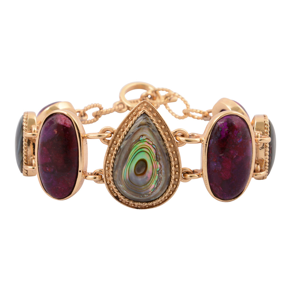 Purple turquoise and abalone gold statement bracelet with intricate jewelry design, featuring vibrant stones and elegant metalwork.
