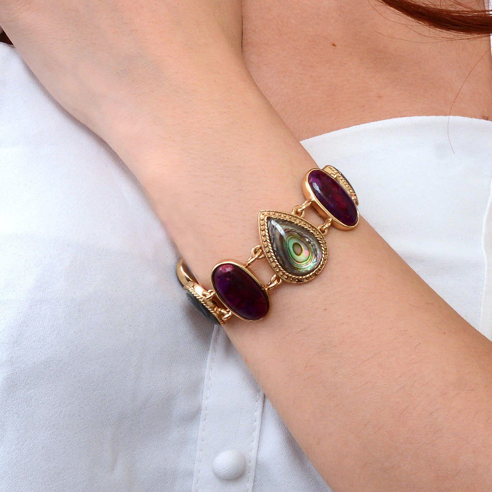 Start2Finish purple turquoise and abalone gold statement bracelet showcasing vibrant stones and intricate design.
