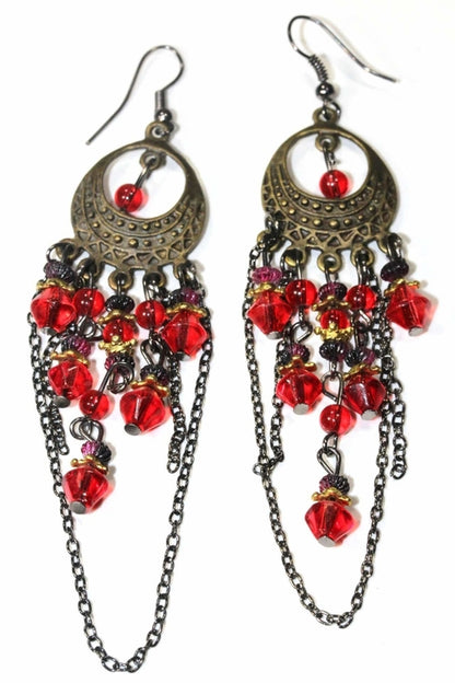 Silver Hestia gypsy style chandelier earrings featuring intricate metalwork and dangling bead accents.