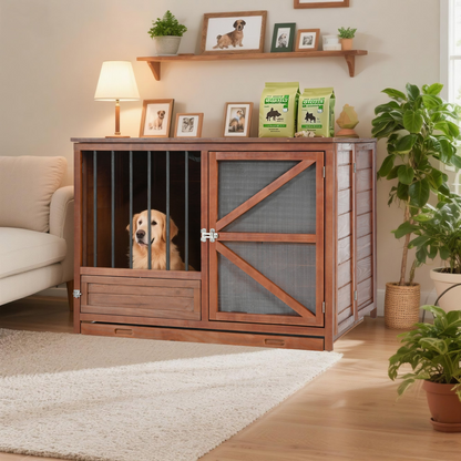 Solid wood foldable dog crate furniture with 360° rotating feeder and removable tray, designed for pets and stylish home use.