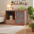 Solid wood foldable dog crate furniture with 360° rotating feeder and removable tray, designed for pets and stylish home use.