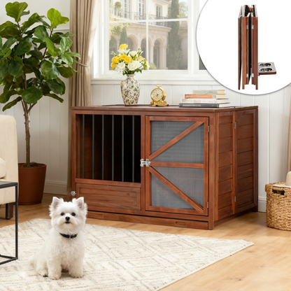 Solid wood foldable dog crate furniture by Start2Finish with 360° rotating feeder and removable tray for easy cleaning and convenience.