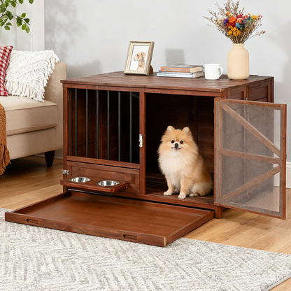 Solid wood foldable dog crate furniture by Start2Finish with 360° rotating feeder and removable tray, showcasing sleek pet housing design.