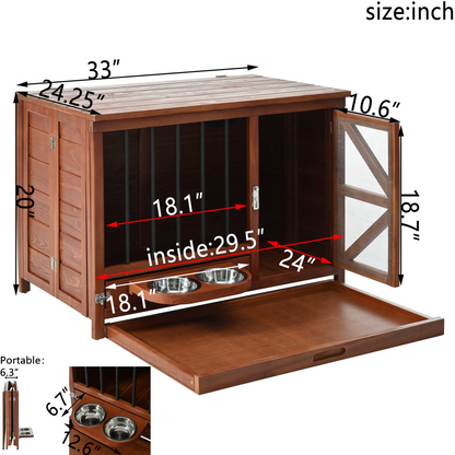 Solid wood foldable dog crate furniture with 360° rotating feeder and removable tray by Start2Finish, showcasing sleek pet housing.