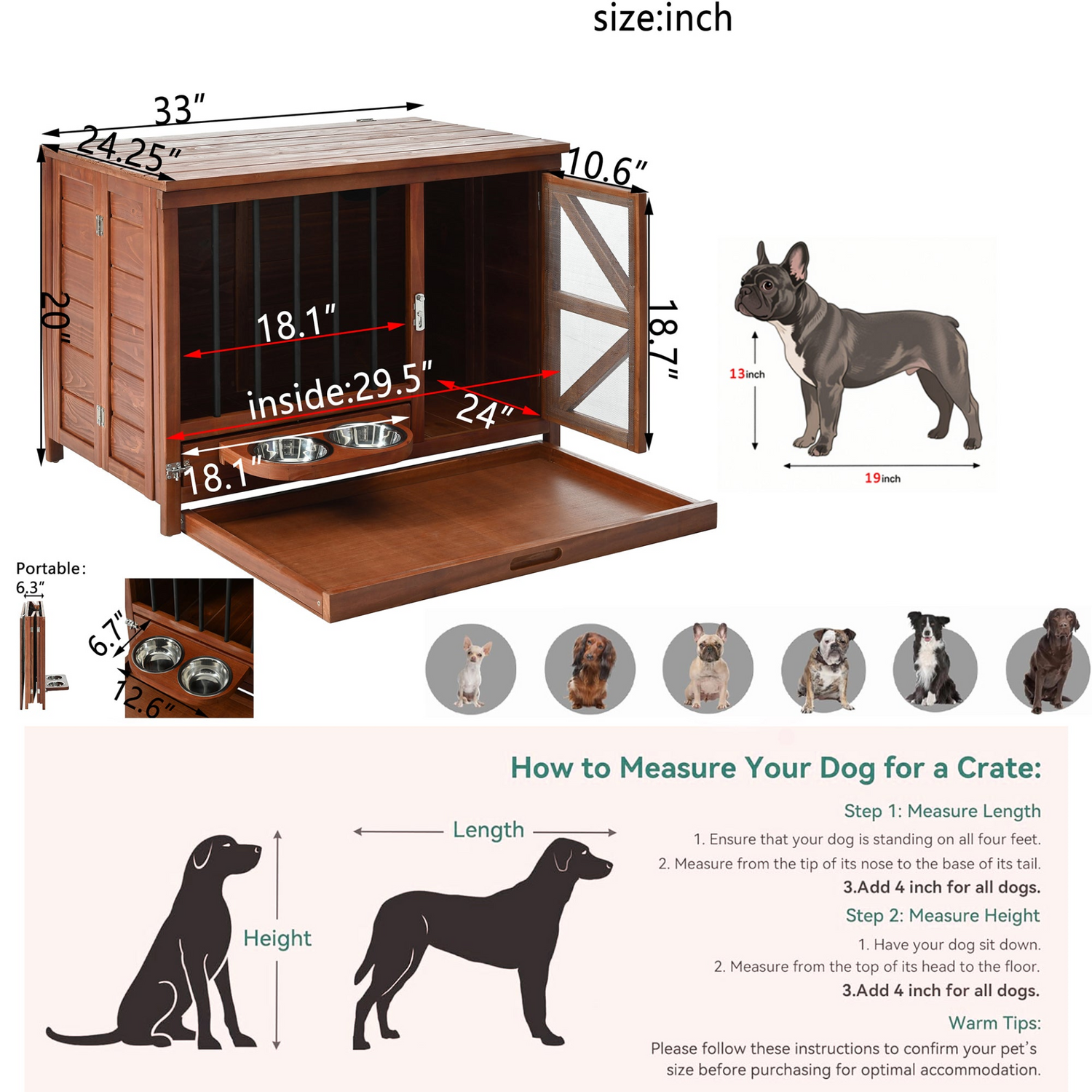 Solid wood foldable dog crate furniture with 360° rotating feeder and removable tray, designed by Start2Finish for pet comfort.