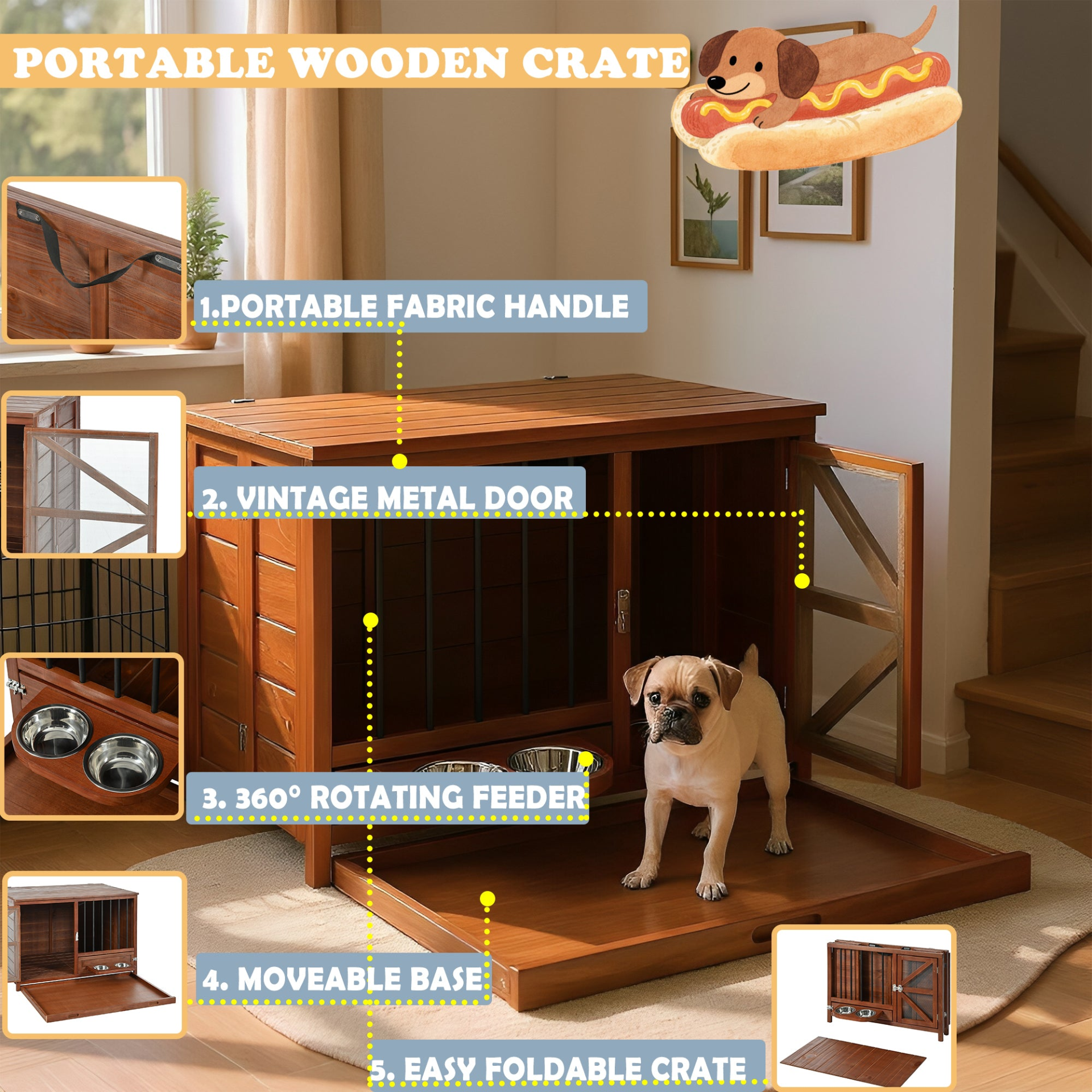 Solid wood foldable dog crate furniture with 360° rotating feeder and removable tray, designed by Start2Finish for pet comfort and convenience.