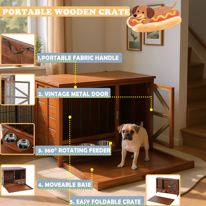 Solid wood foldable dog crate furniture with 360° rotating feeder and removable tray, designed by Start2Finish for pet comfort and convenience.