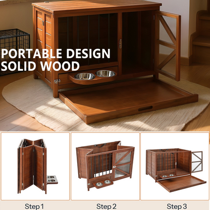 Solid wood foldable dog crate furniture by Start2Finish with 360° rotating feeder and removable tray, showcasing sleek pet housing design.