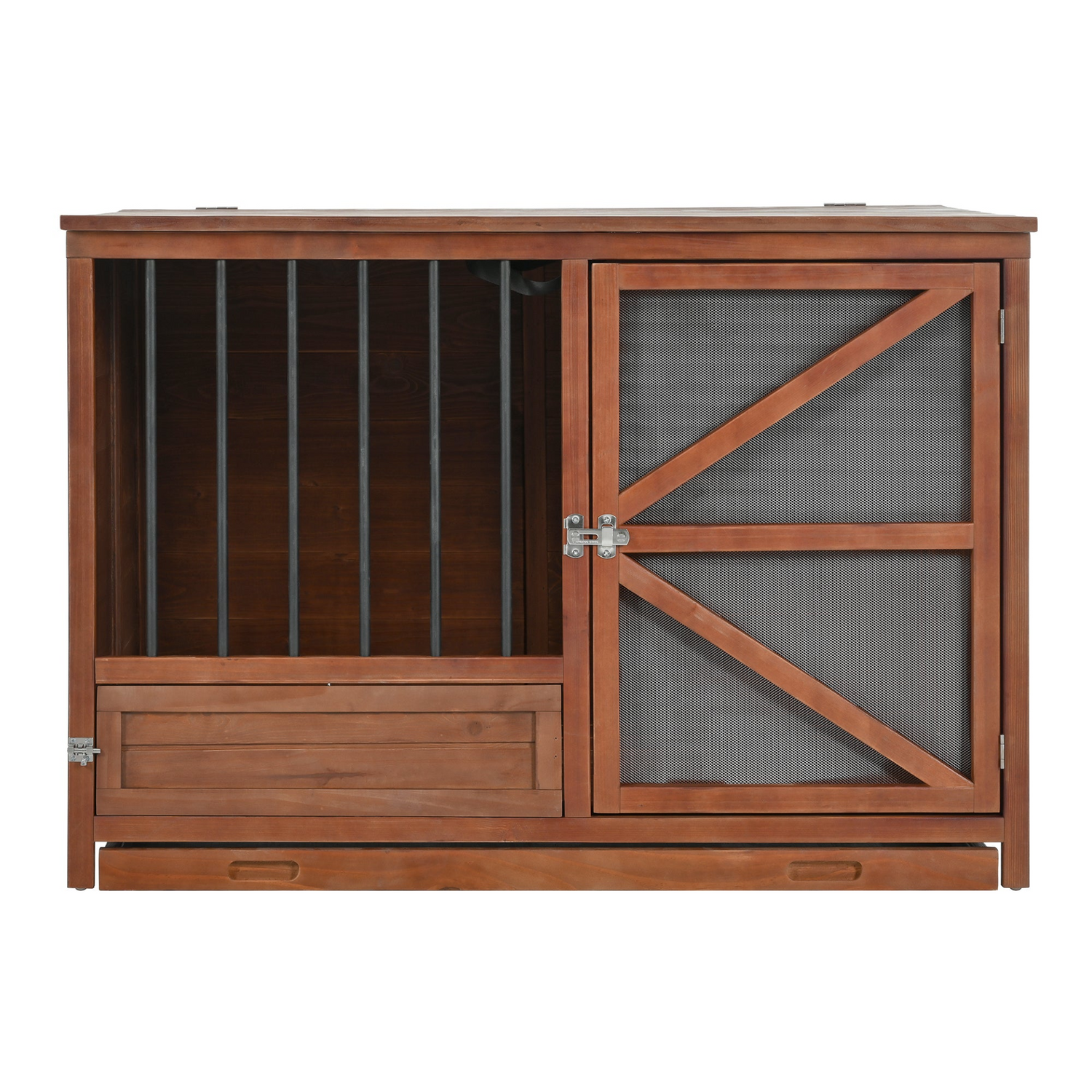 Solid wood foldable dog crate furniture by Start2Finish with 360° rotating feeder and removable tray, showcasing its stylish design.