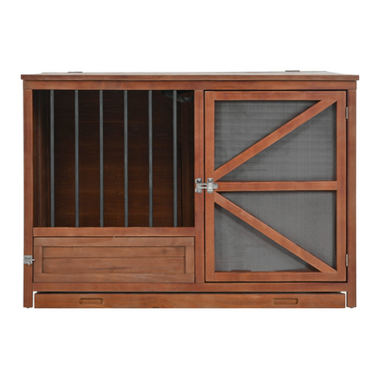 Solid wood foldable dog crate furniture by Start2Finish with 360° rotating feeder and removable tray, showcasing its stylish design.