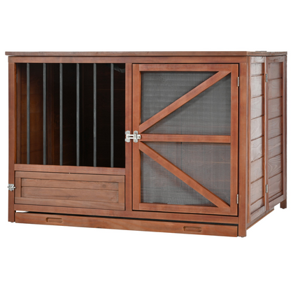 Solid wood foldable dog crate furniture by Start2Finish with 360° rotating feeder and removable tray for pets.