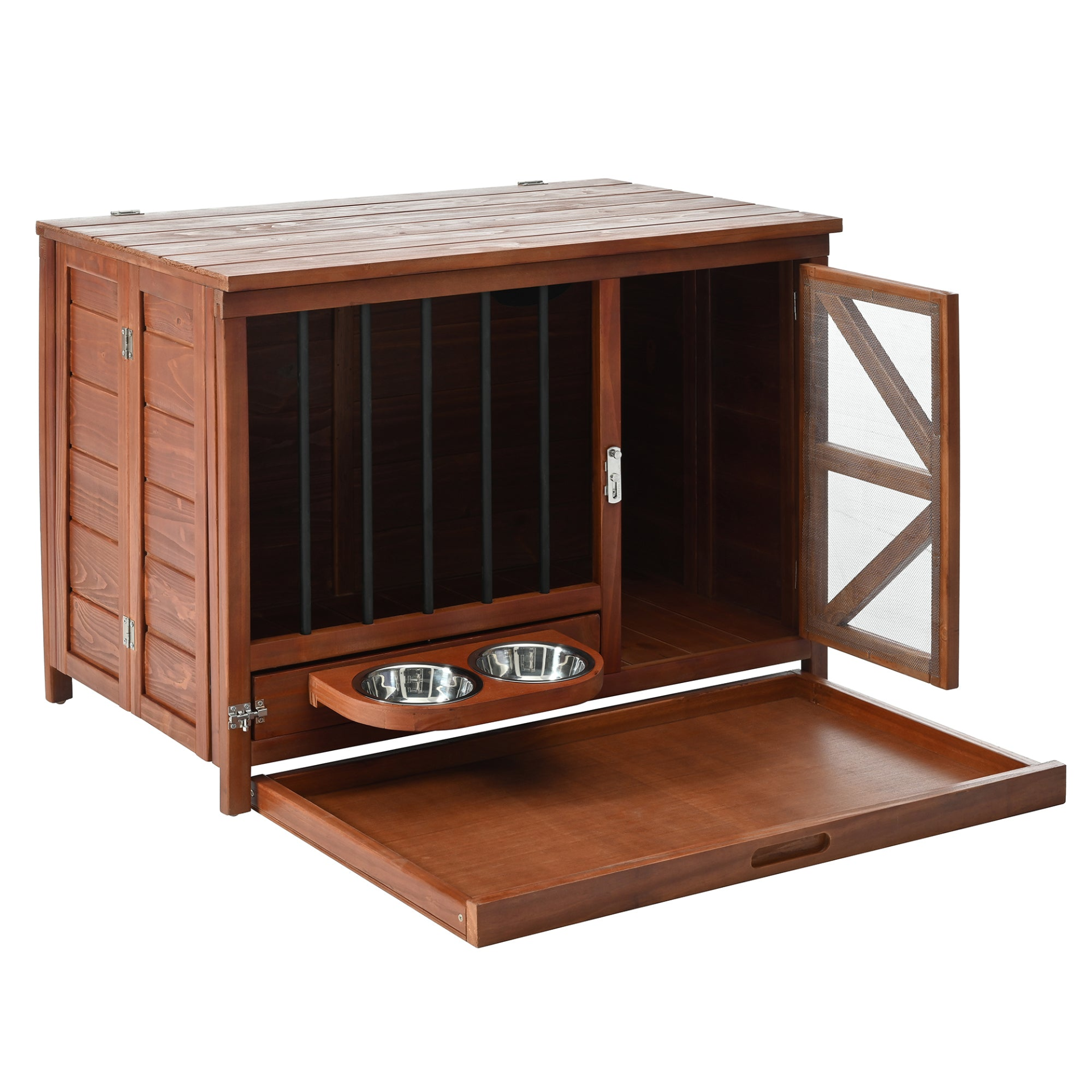 Solid wood foldable dog crate furniture by Start2Finish with 360° rotating feeder and removable tray, shown in a modern living room setting.