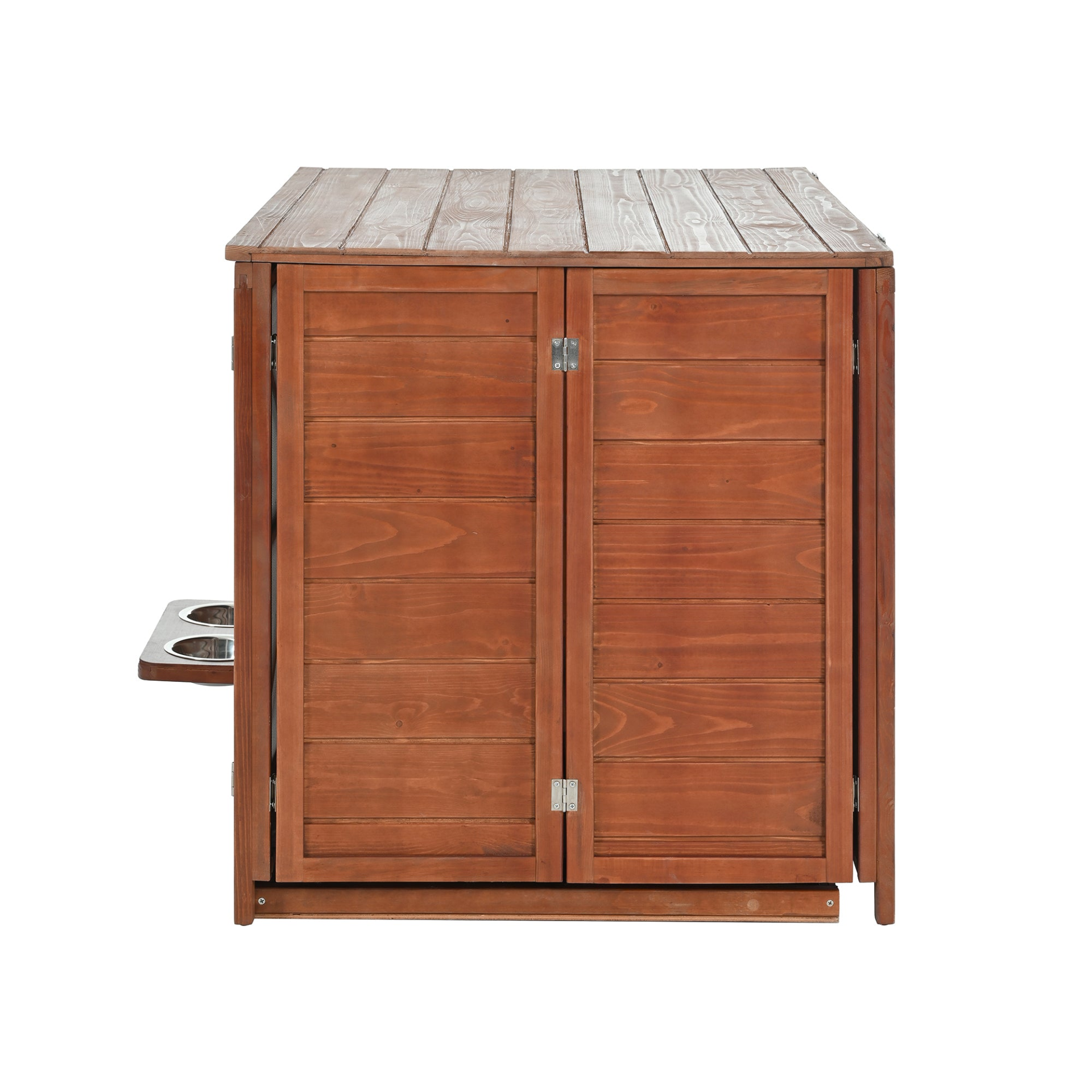 Solid wood foldable dog crate furniture with 360° rotating feeder and removable tray, designed for stylish pet containment.