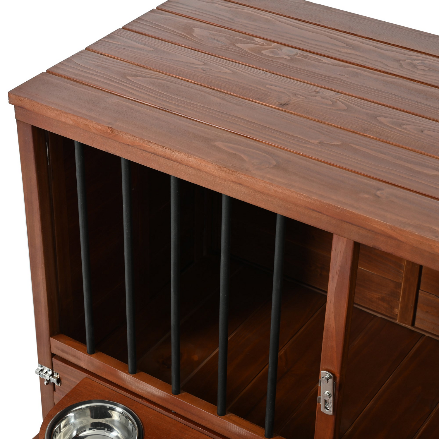 Solid wood foldable dog crate furniture with 360° rotating feeder and removable tray, designed for stylish pet comfort by Start2Finish.