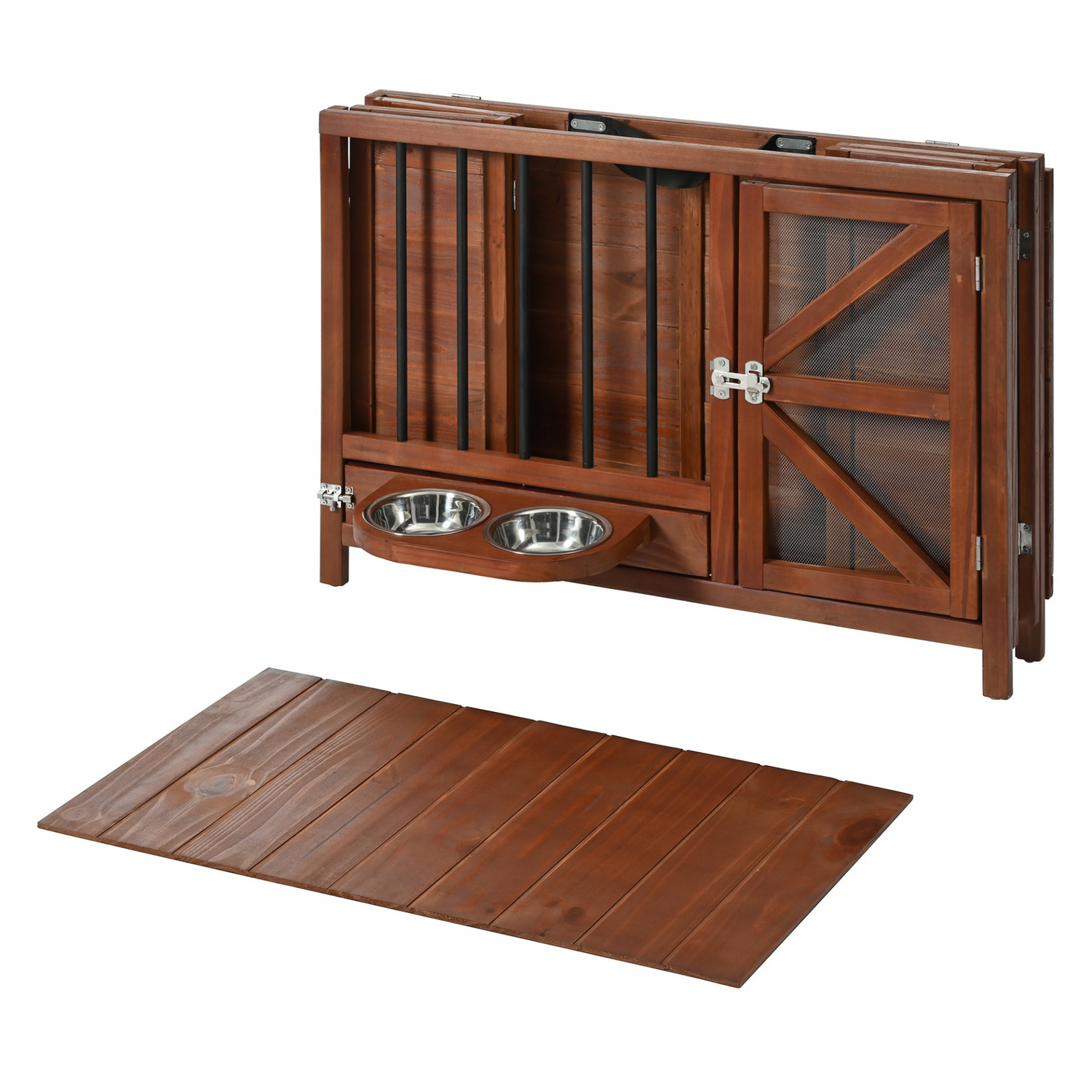 Solid wood foldable dog crate from Start2Finish with 360° rotating feeder and removable tray, featuring a stylish furniture design.