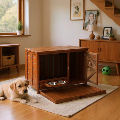 Solid wood foldable dog crate furniture with 360° rotating feeder and removable tray, designed by Start2Finish.