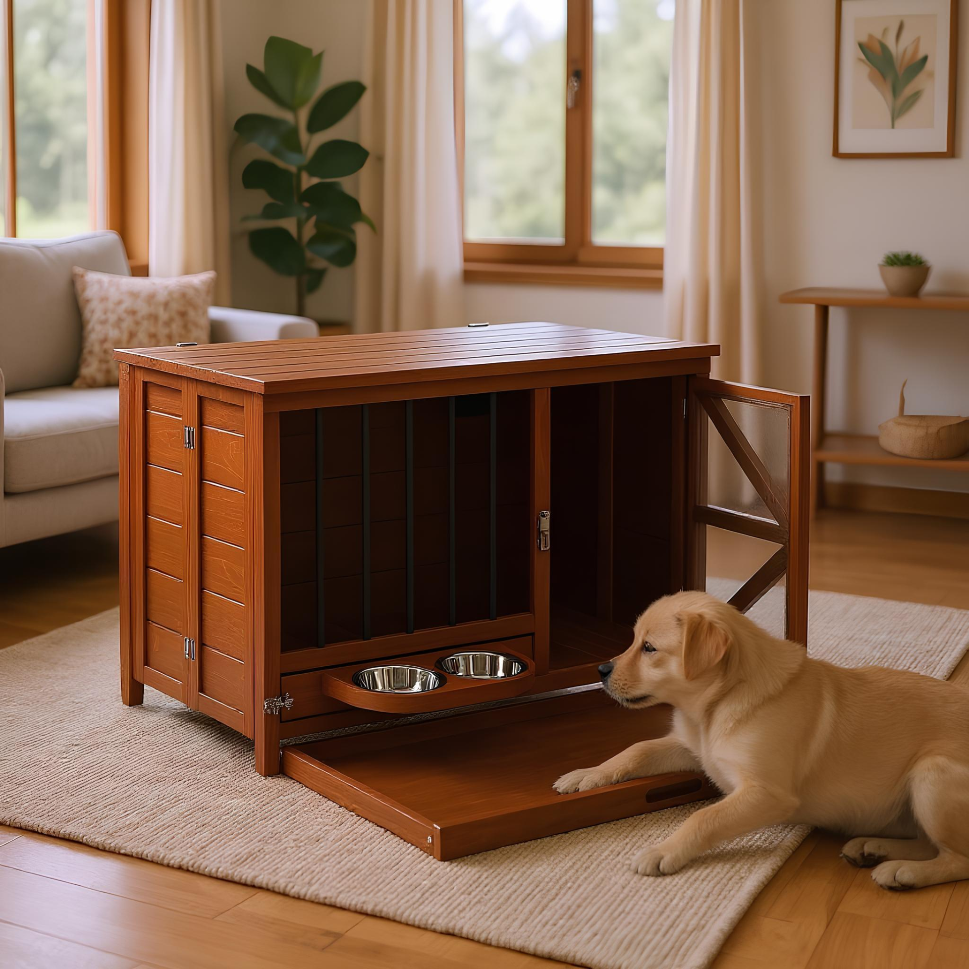 Solid wood foldable dog crate furniture with 360° rotating feeder and removable tray, designed by Start2Finish.