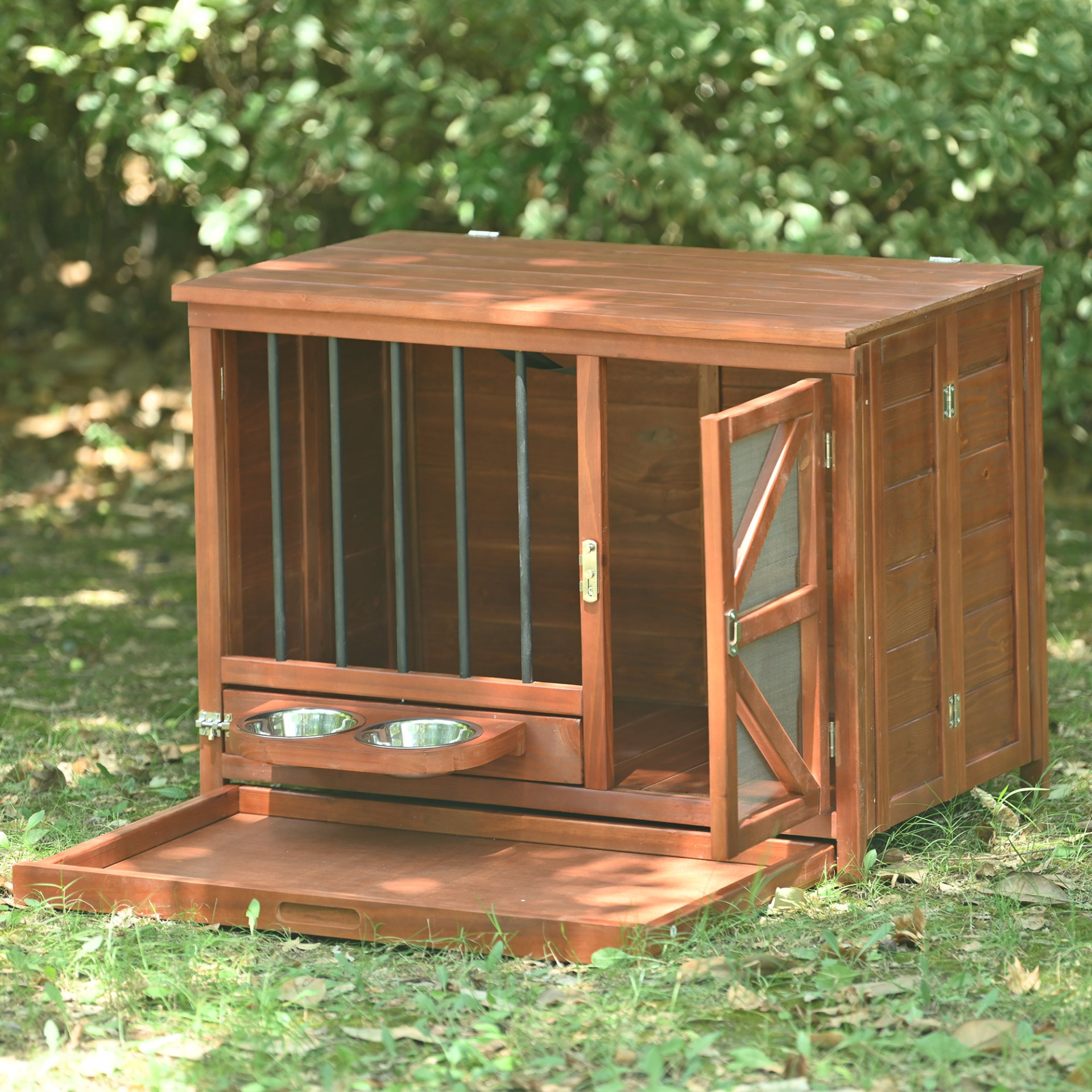 Solid wood foldable dog crate furniture by Start2Finish with 360° rotating feeder and removable tray, featuring natural wood finish.