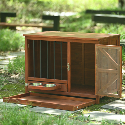 Solid wood foldable dog crate furniture by Start2Finish with 360° rotating feeder and removable tray for easy cleaning.