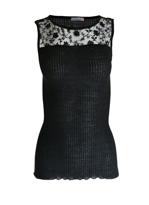 Byzantium Hemera EGI Exclusive Merino wool blend top with tulle trim, black blouse with elegant design and soft fabric.