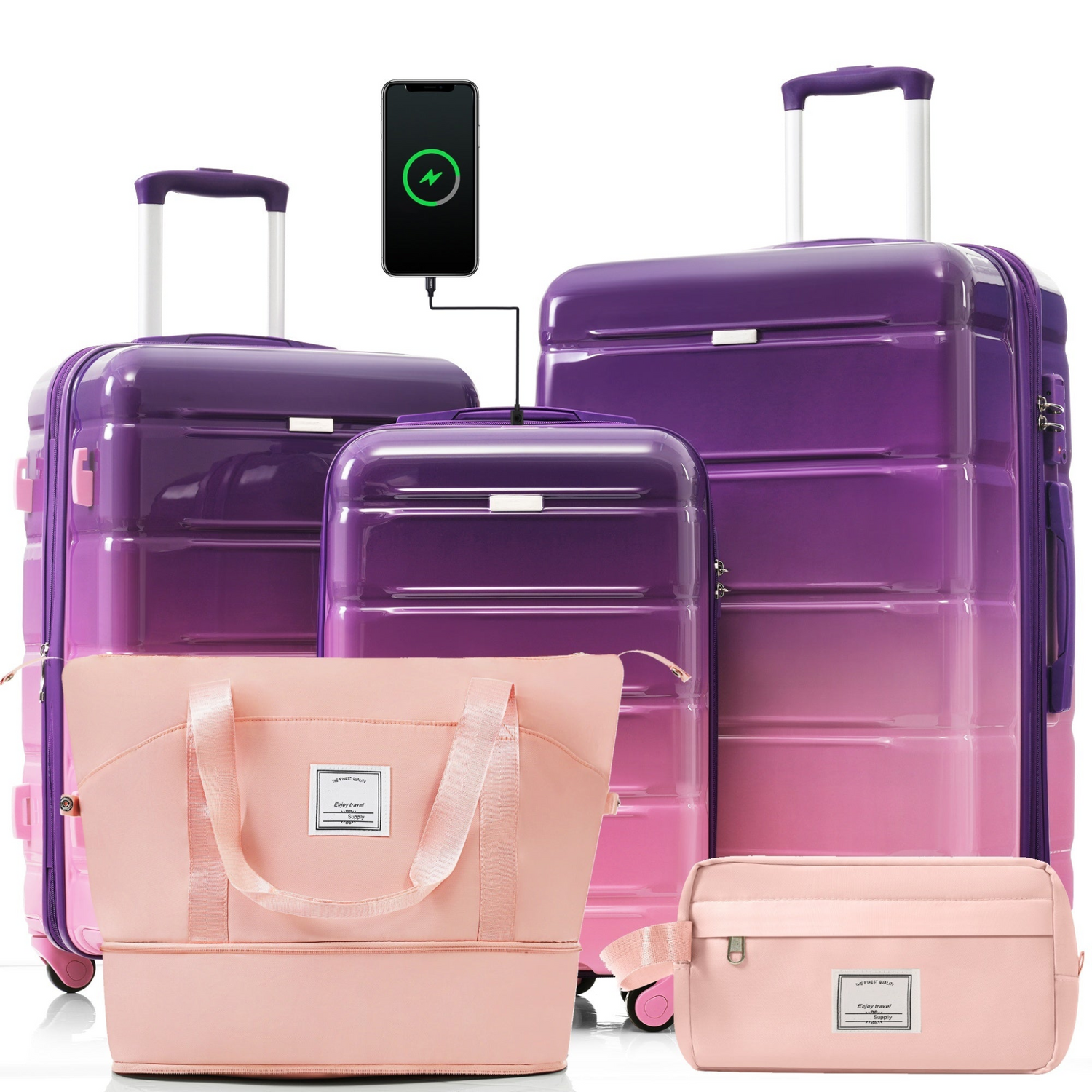 Start2Finish 5-piece luggage set with hard shell ABS+PC, spinner wheels, travel bags, and built-in USB port for convenient travel.