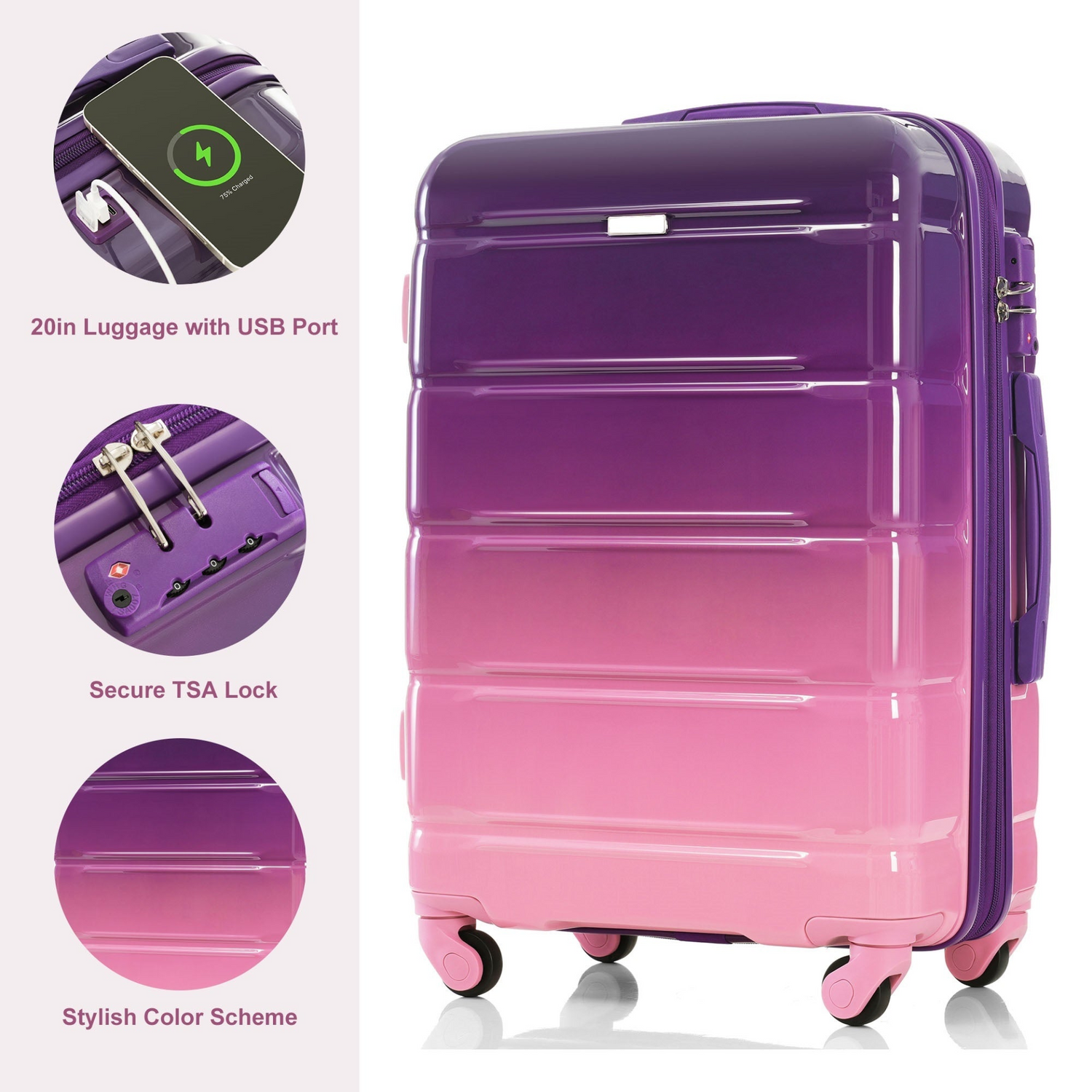 Start2Finish 5-piece luggage set with USB port, hard shell ABS+PC, spinner wheels, and travel bags for durable travel accessories.