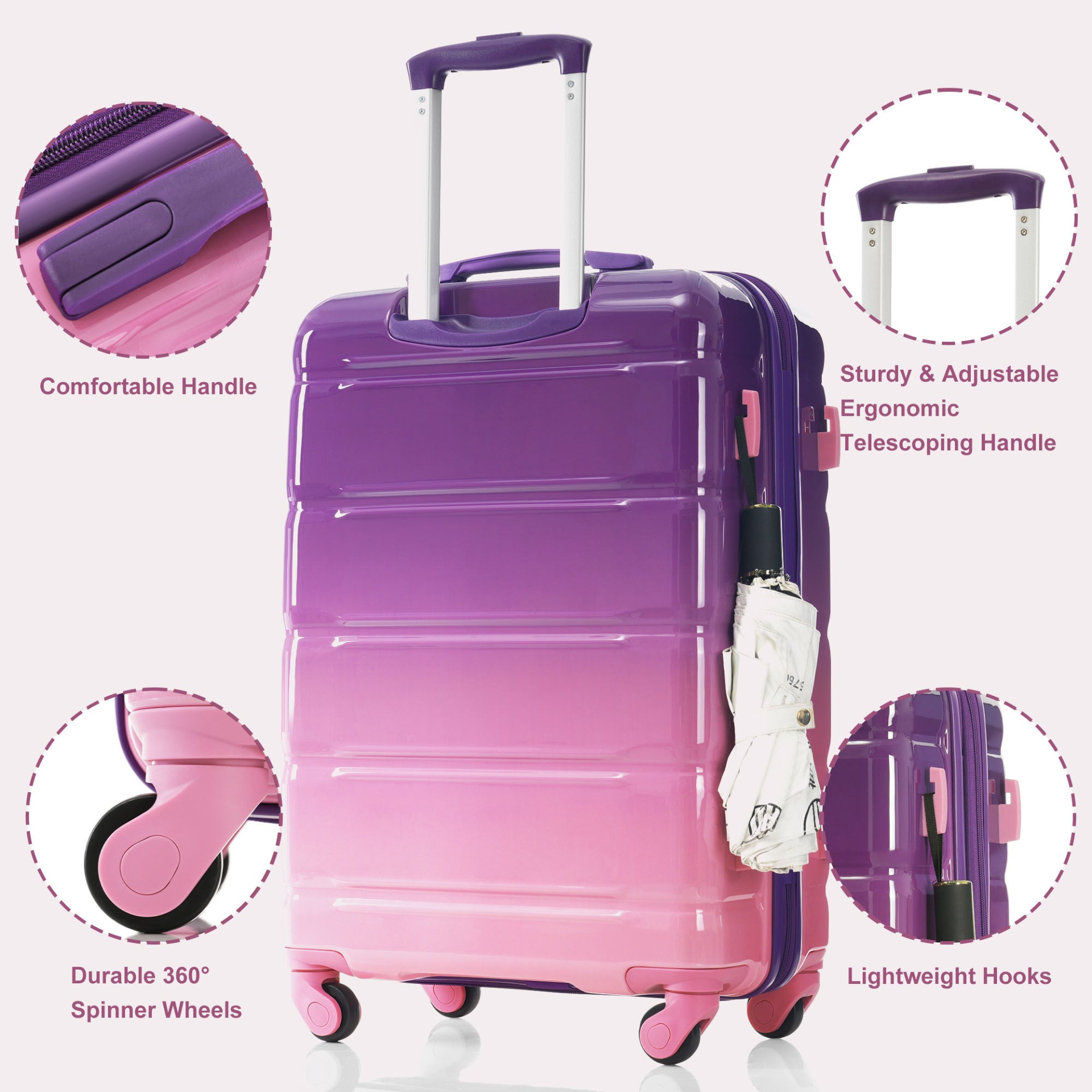 Start2Finish 5-piece luggage set with USB ports, ABS+PC hard shell, spinner wheels, and matching travel bags.