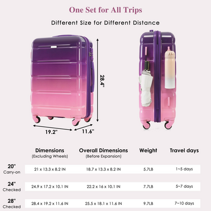 Start2Finish 5-piece luggage set with USB port, hard shell ABS+PC, spinner wheels, and travel bags for convenient travel.