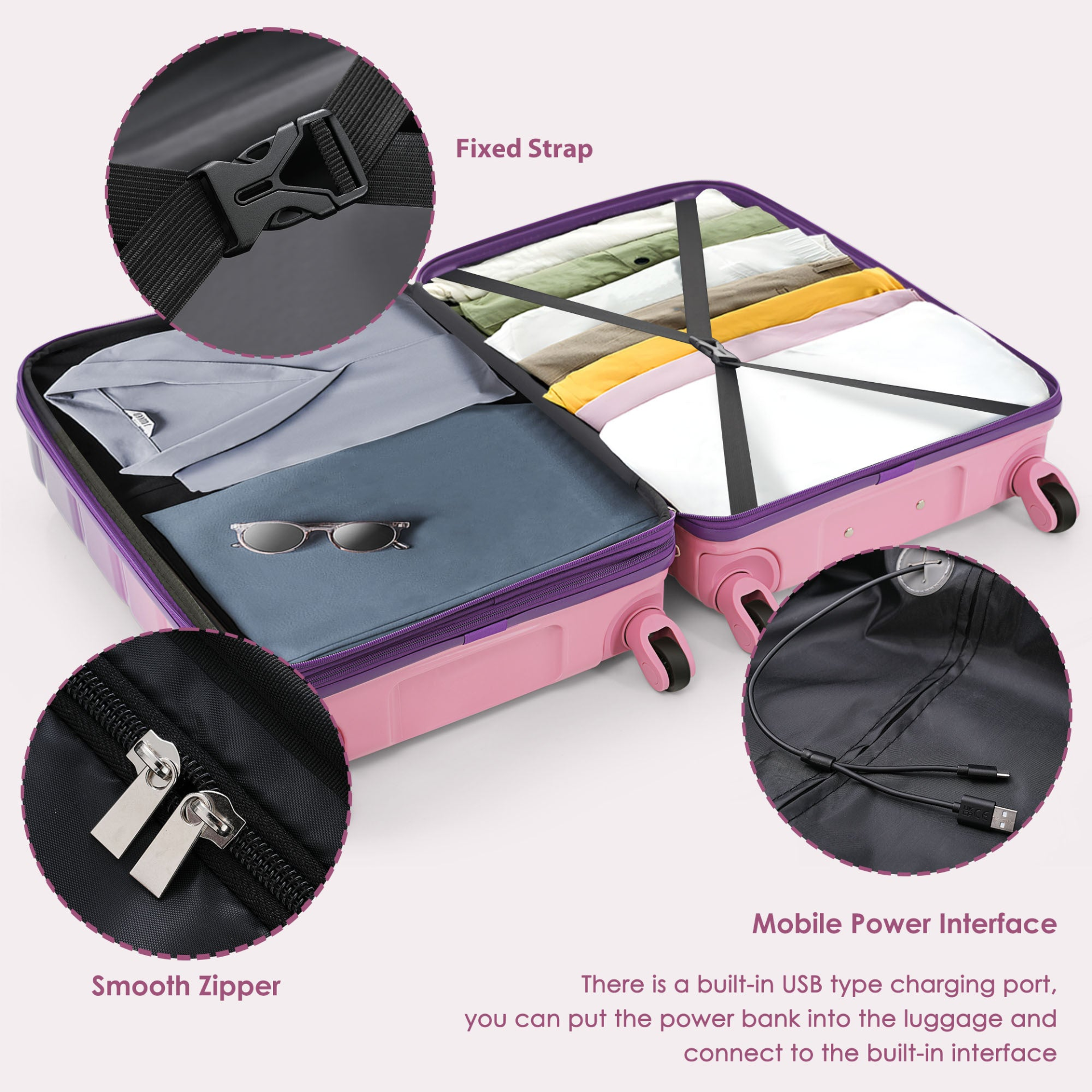 Start2Finish 5-piece luggage set with USB port, hard shell ABS+PC, spinner wheels, and travel bags for convenient travel accessories.