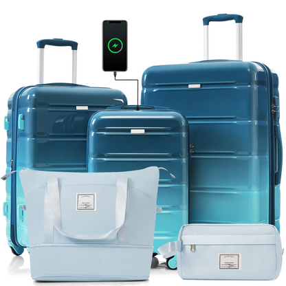 Start2Finish 5-piece luggage set with hard shell ABS+PC, spinner wheels, travel bags, and built-in USB port for convenient travel.