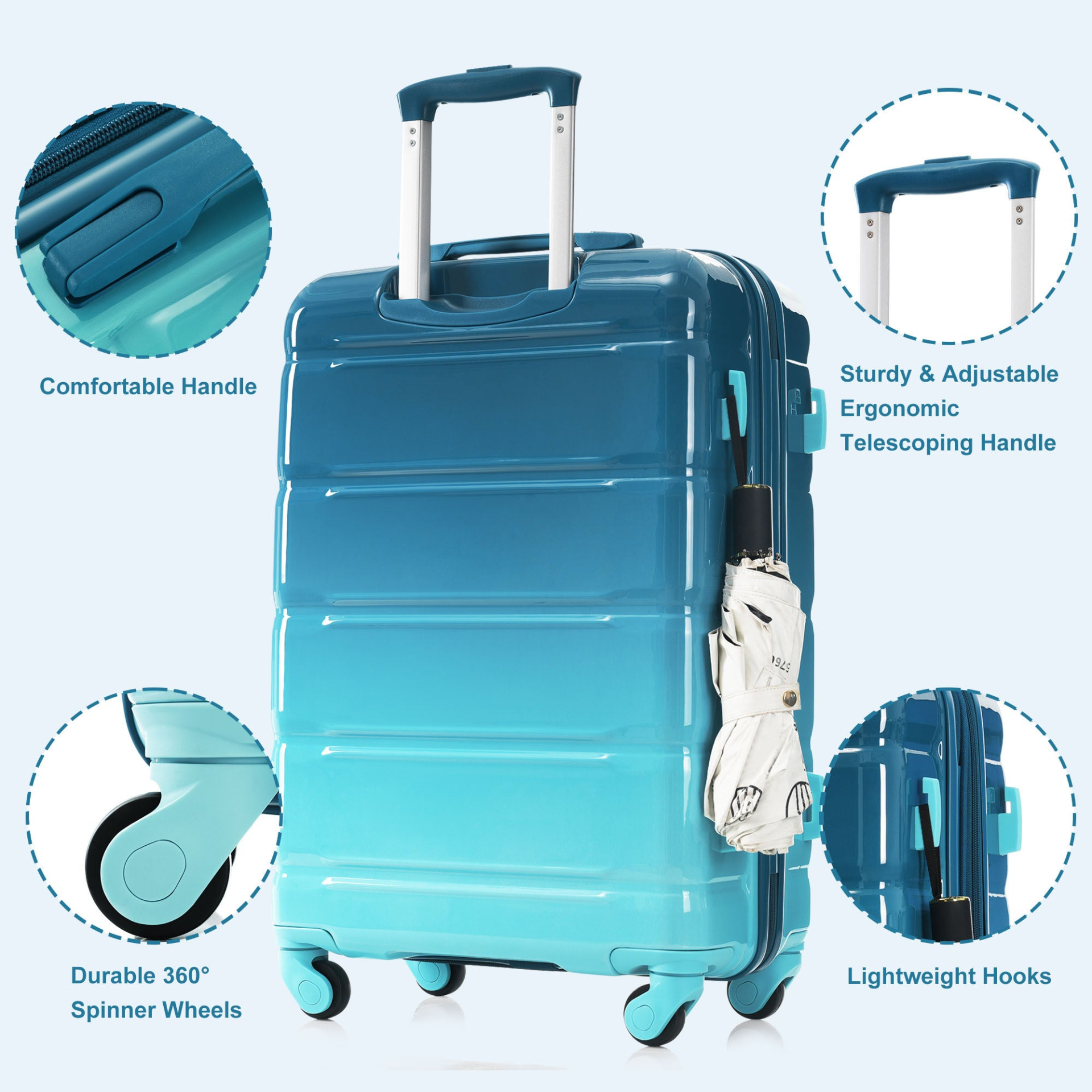 Start2Finish 5-piece luggage set with USB port, ABS+PC hard shell, spinner wheels, and travel bags for durable travel accessories.