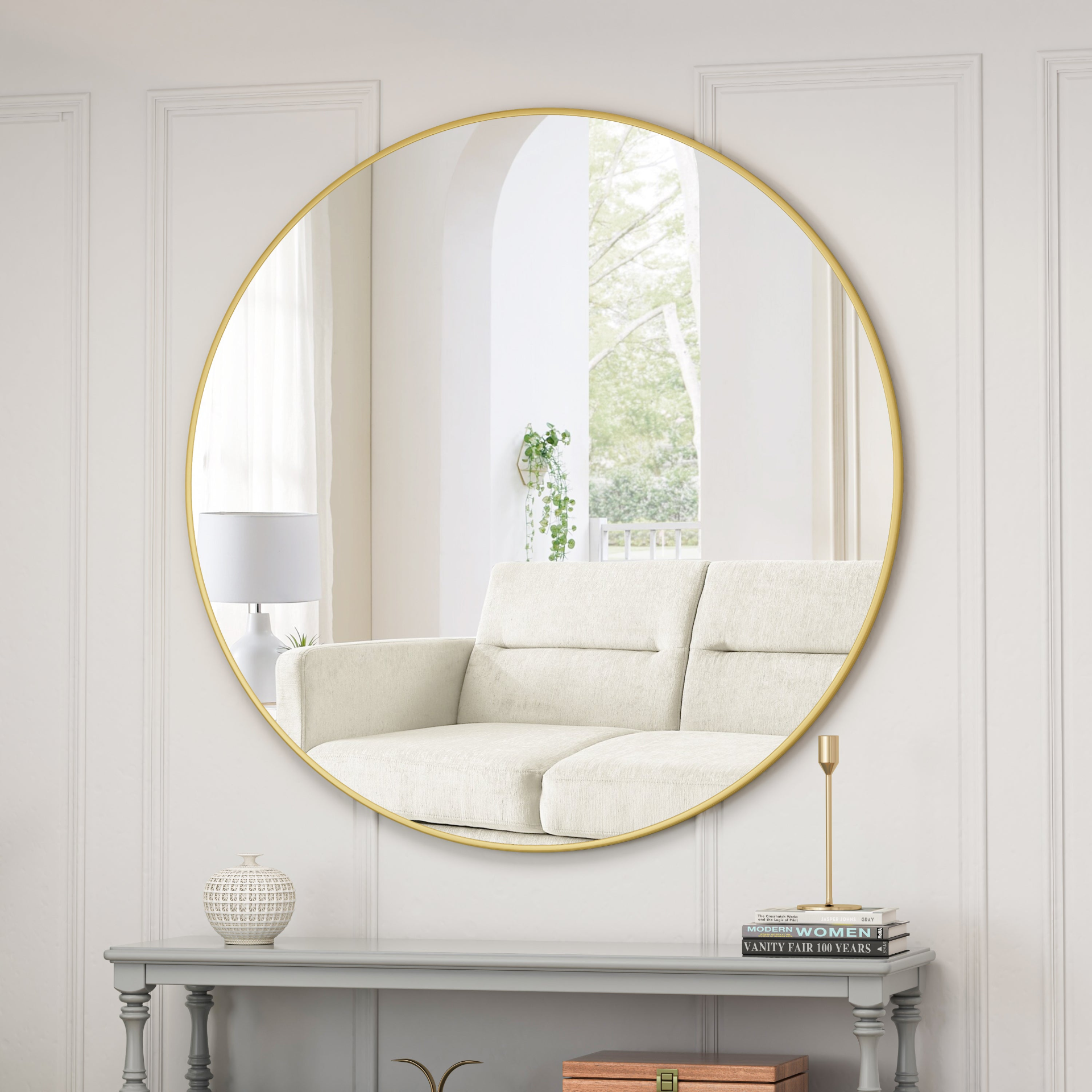Round circular metal-framed wall mirror by Start2Finish, vanity dressing mirror for home decor with sleek round design.