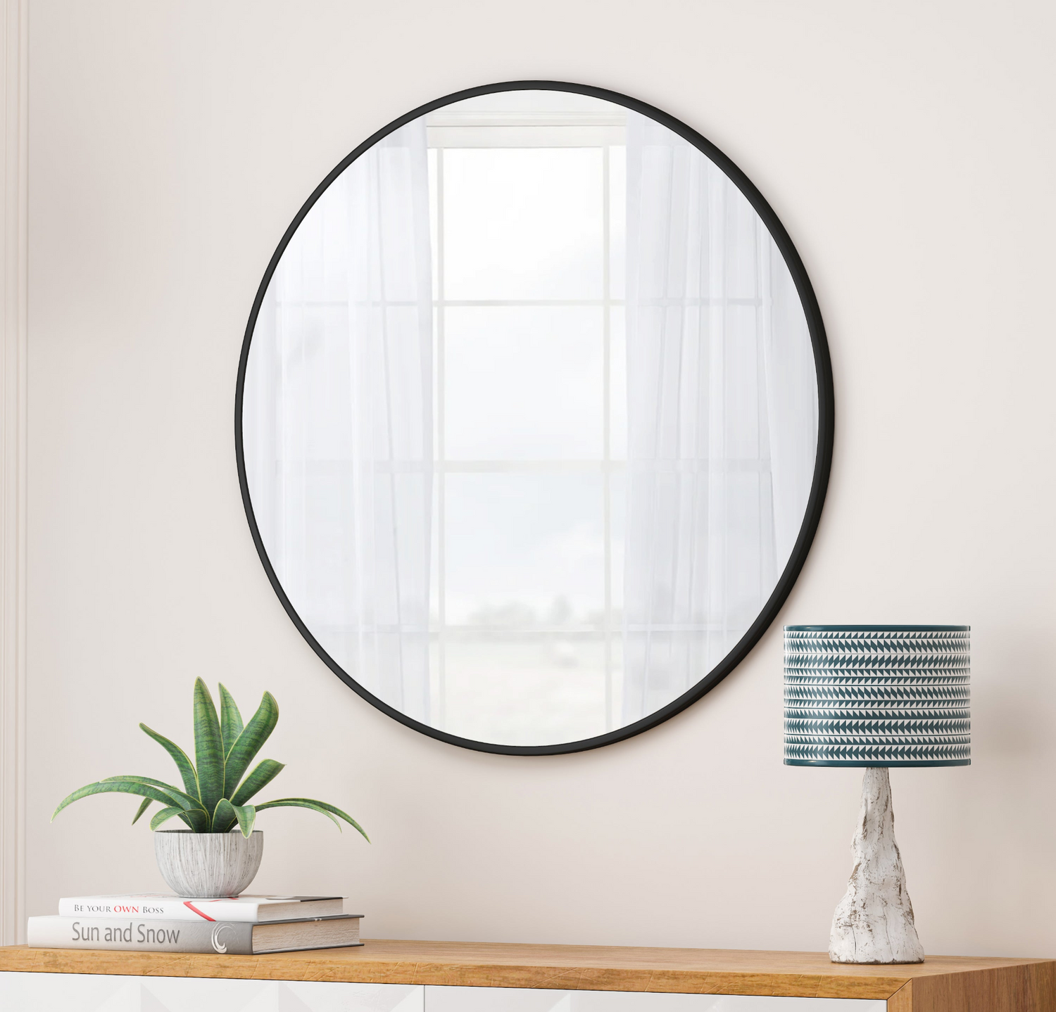 Start2Finish round metal-framed wall mirror, circular vanity dressing mirror for home decor, reflecting a stylish bathroom or bedroom setting.