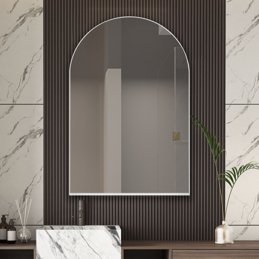 Start2Finish 24x36 inch arched recessed medicine cabinet with metal frame, wall mirror, and built-in shelves for bathroom storage.