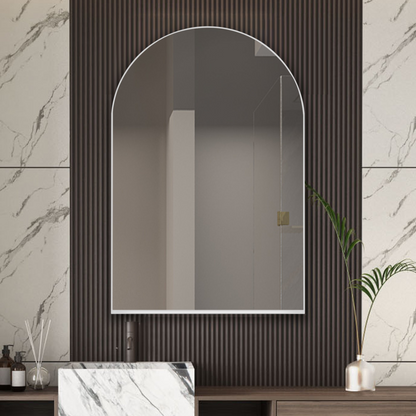 Start2Finish 24x36 inch arched recessed medicine cabinet with metal frame, wall mirror, and built-in shelves for bathroom storage.