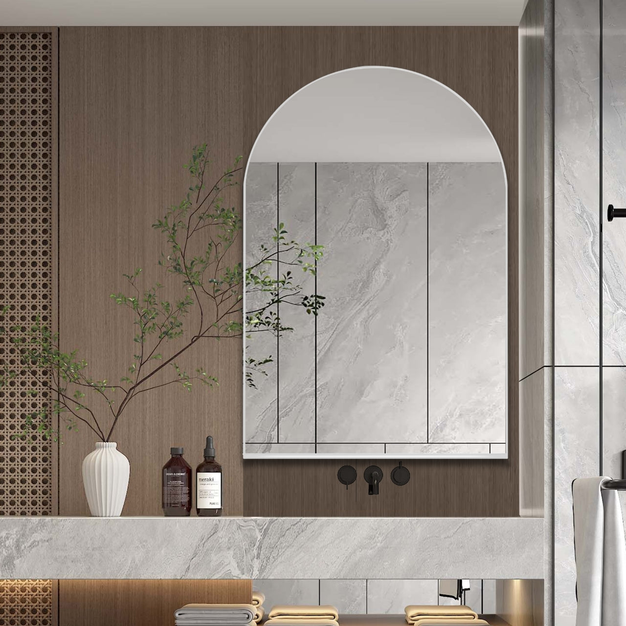 24x36 inch arched recessed medicine cabinet with metal frame, wall mirror, and built-in shelves for bathroom storage.