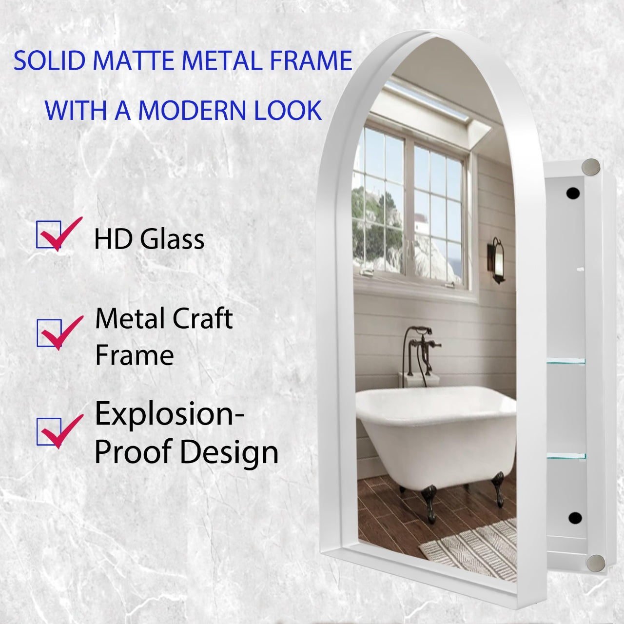 24x36 inch arched recessed medicine cabinet with metal frame, wall mirror, and built-in shelves for bathroom storage.