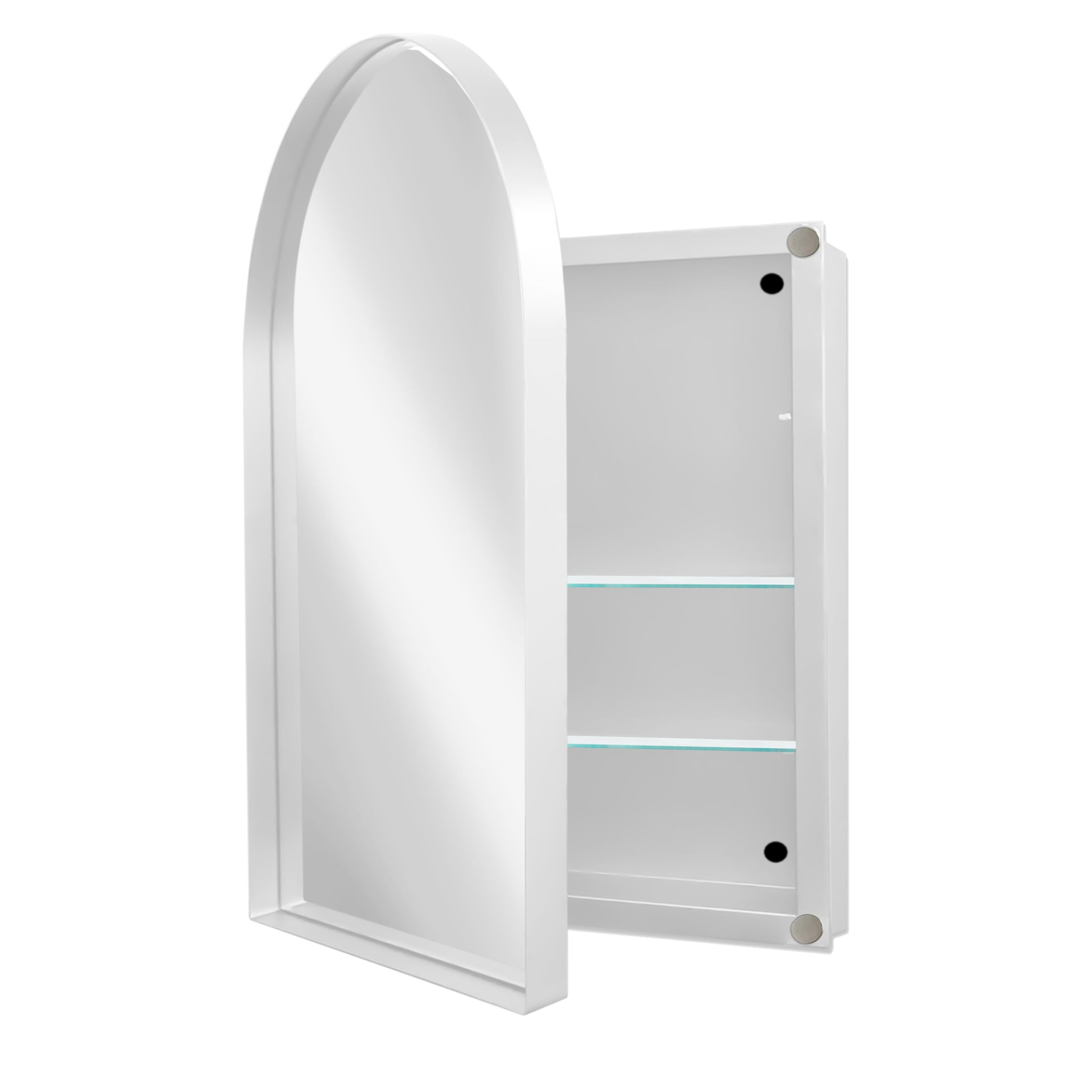 Start2Finish 24x36 inch arched recessed metal medicine cabinet with wall mirror and shelves, showcasing its sleek design and storage space.