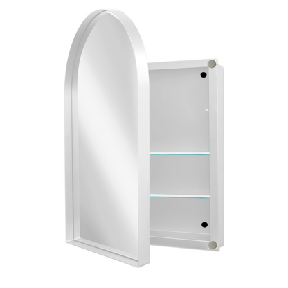 Start2Finish 24x36 inch arched recessed metal medicine cabinet with wall mirror and shelves, showcasing its sleek design and storage space.