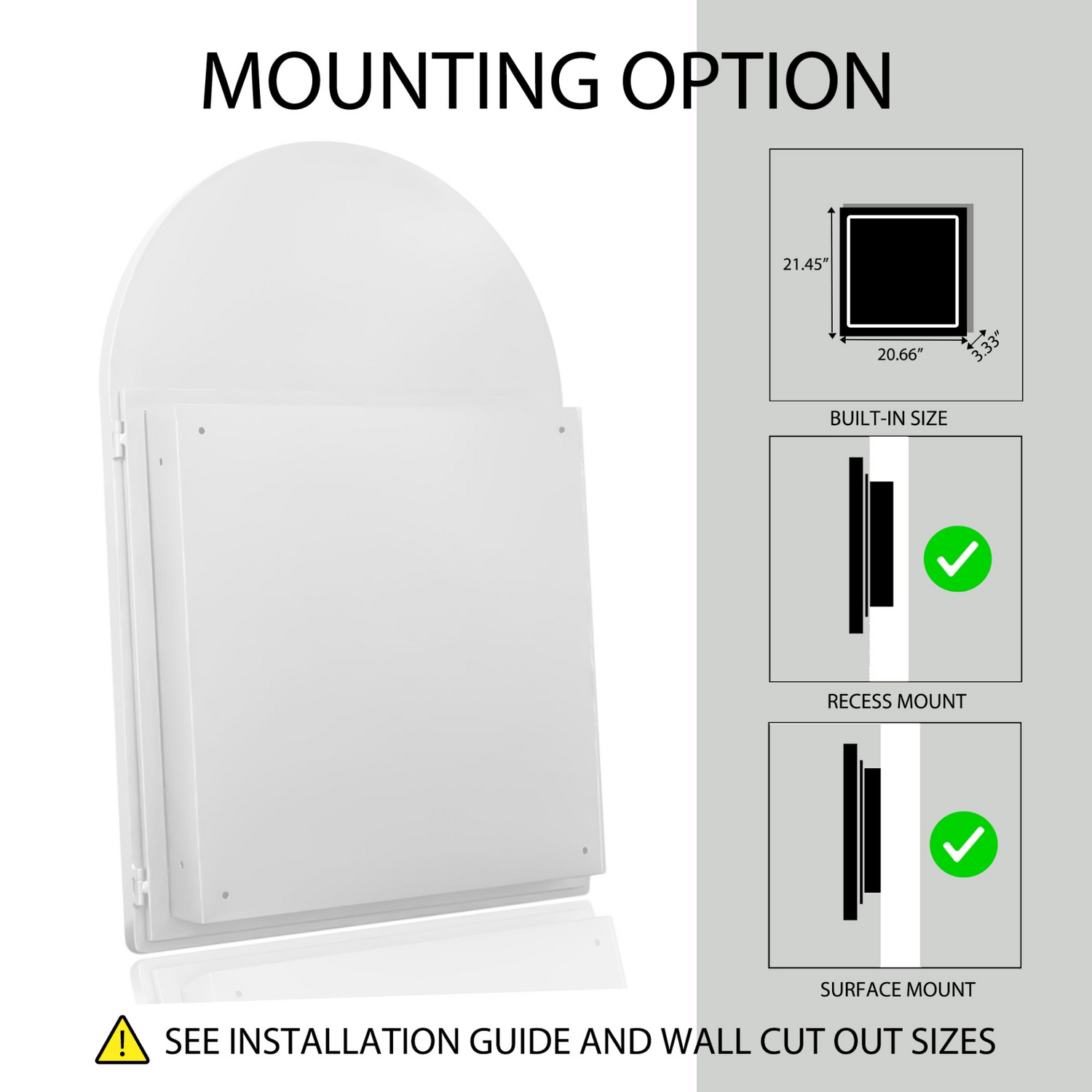 Start2Finish 24x36 inch arched recessed medicine cabinet with metal frame, wall mirror, and built-in shelves for bathroom storage.