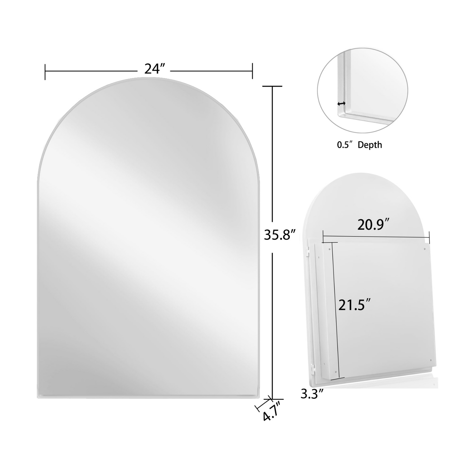 Start2Finish 24x36 inch arched recessed medicine cabinet with metal frame, wall mirror and built-in shelves.
